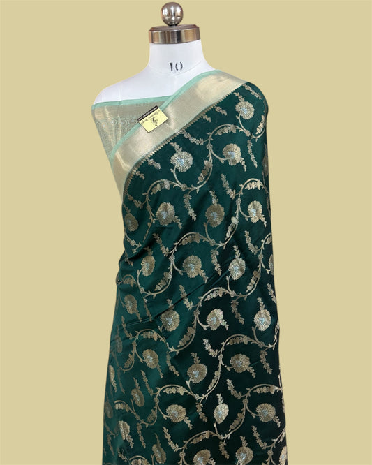 Dark Green Pure Chiniya Silk - All Over Jaal Work Banarasi saree