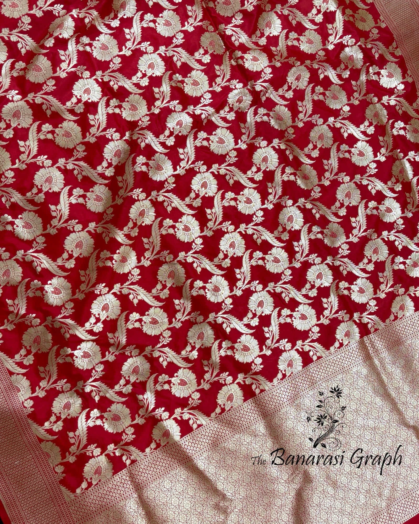 Red Pure Katan Handloom Silk - All Over Jaal Work Banarasi Saree