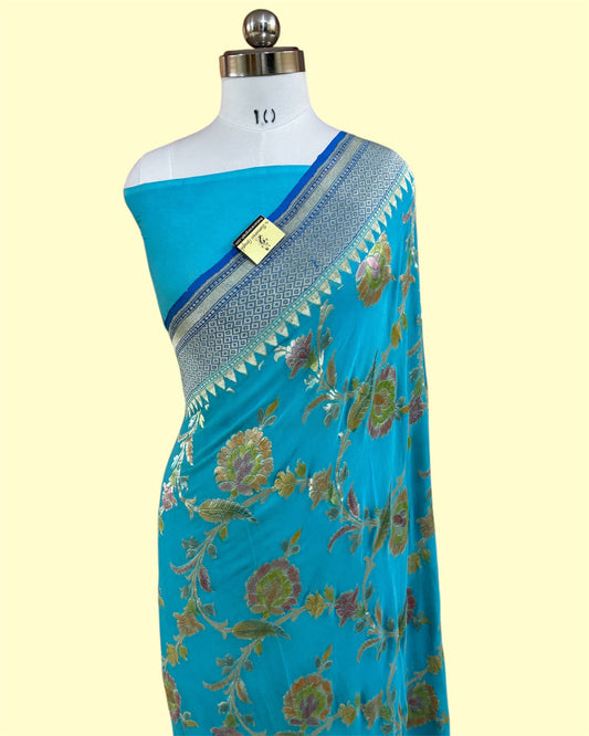 Pure Chiffon Georgette Water Zari Handloom - All Over Jaal Work with Meenakari Banarasi Saree