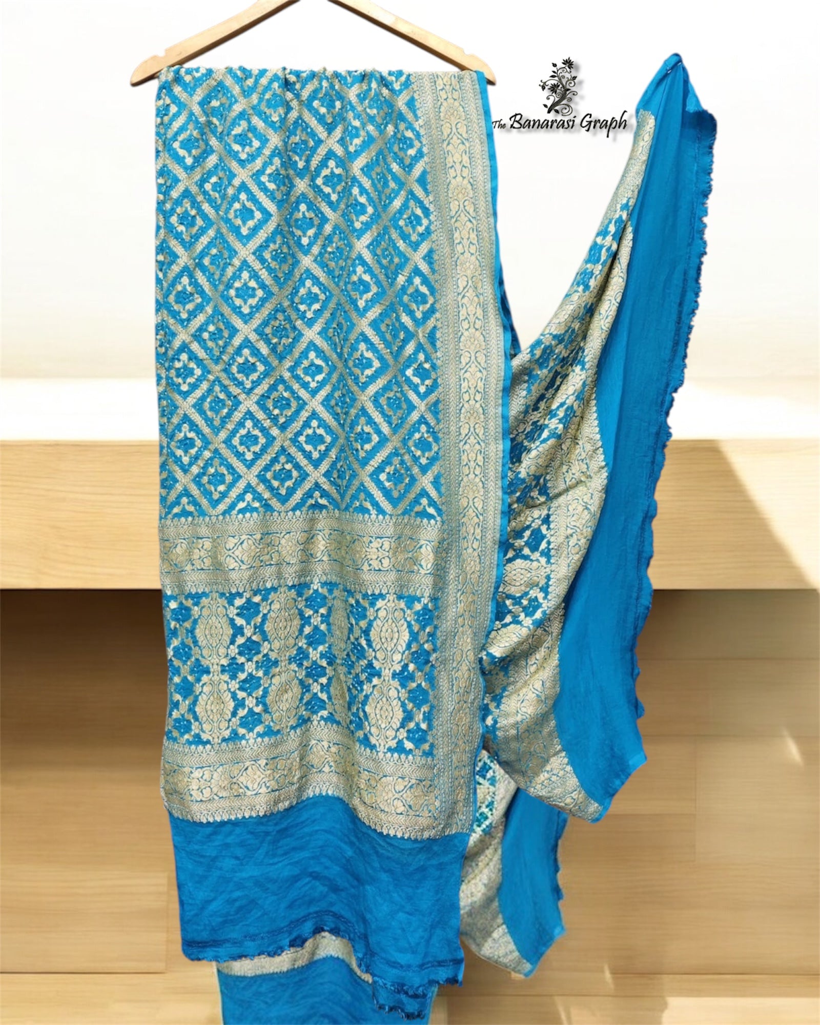 Blue Pure Georgette Bhandej - Banarasi Dupatta