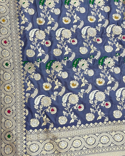 Grey Pure Katan Handloom Silk - All Over Jaal Work with Tilfi Meenakari Banarasi Saree
