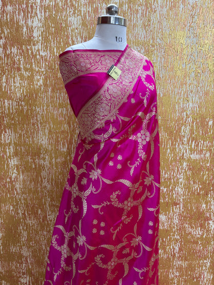 Shine Pink Pure Katan Handloom Kadhua Silk - All Over Jaal Work Banarasi Saree