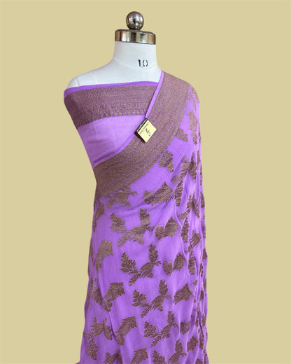 Purple Pure Khaddi Georgette Antique Zari - All Over Jaal Work Banarasi Saree