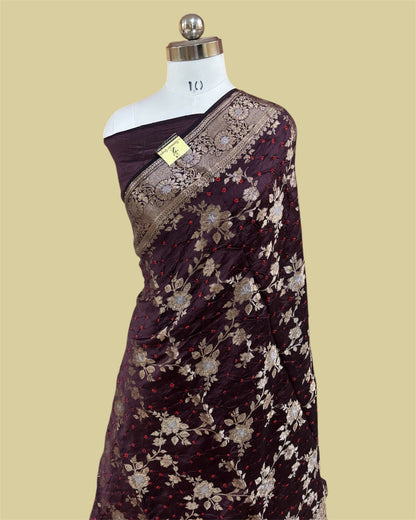 Dark Brown Pure Chiniya Bhandej Silk - All Over Jaal Work Banarasi Saree