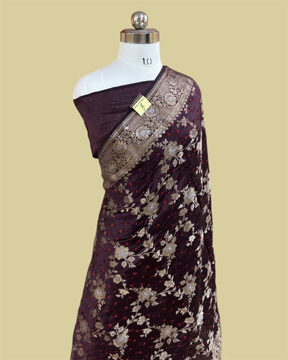 Dark Brown Pure Chiniya Bhandej Silk - All Over Jaal Work Banarasi Saree