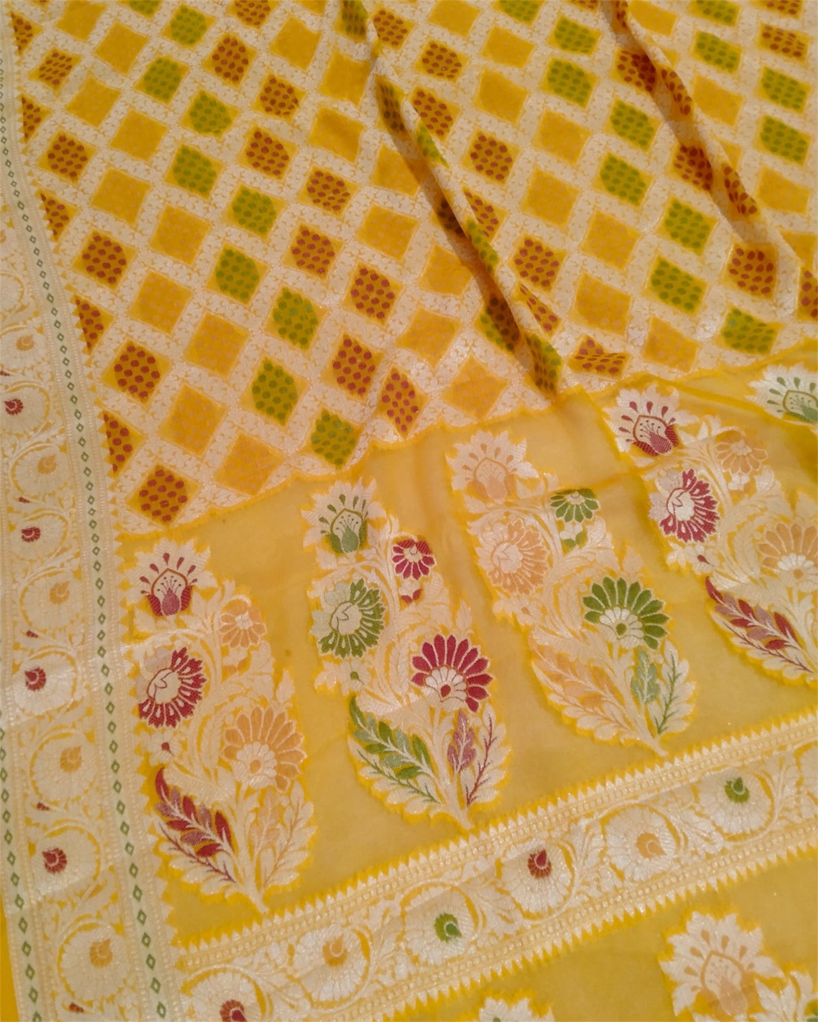 Yellow Khaddi Chiffon - Water Zari Multi Bhandej Pure Banarasi Saree