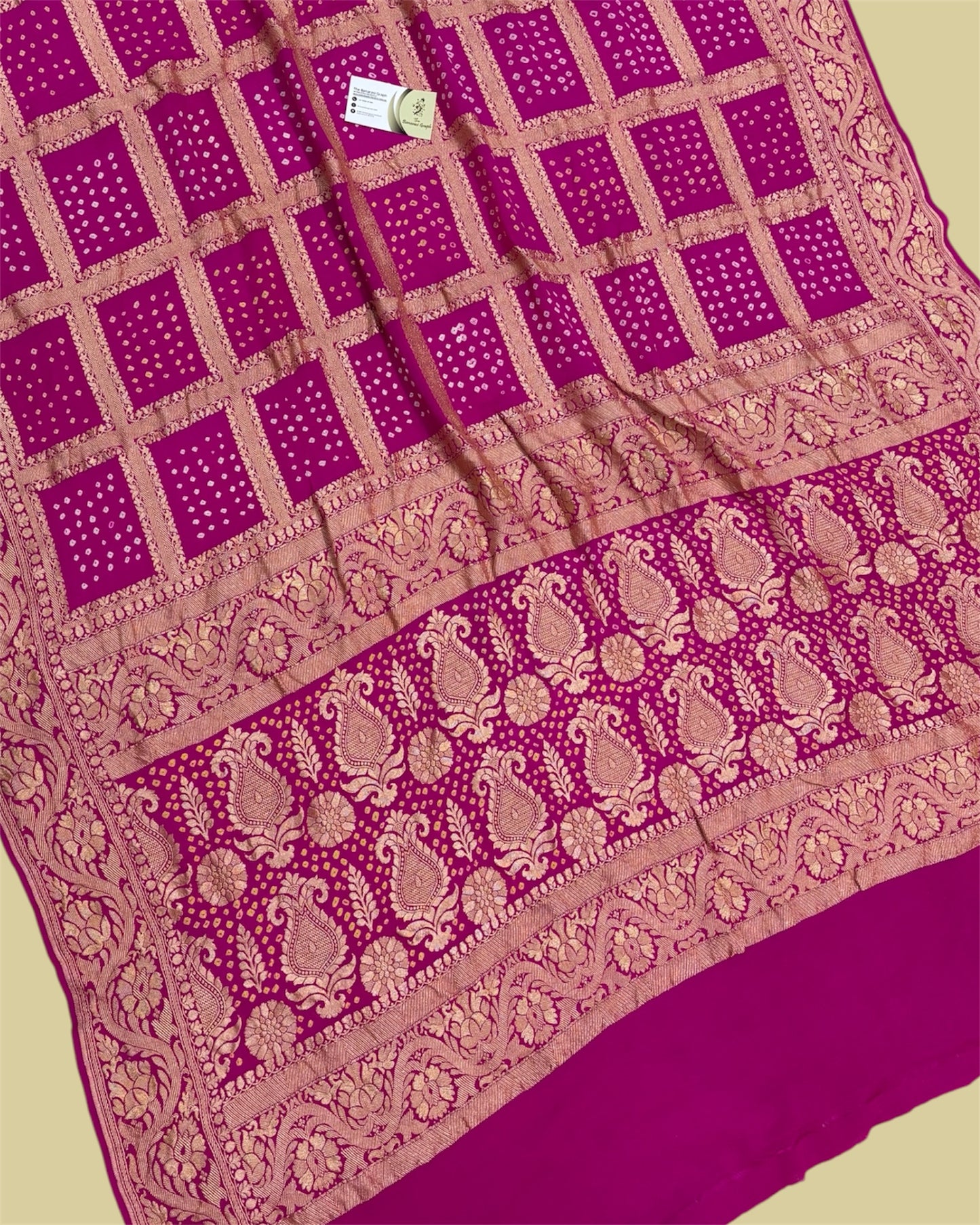 Hot Pink Pure Georgette Handloom Bhandej - Banarasi Saree