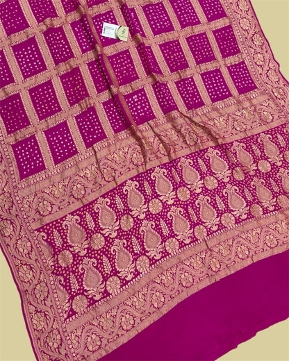 Hot Pink Pure Georgette Handloom Bhandej - Banarasi Saree