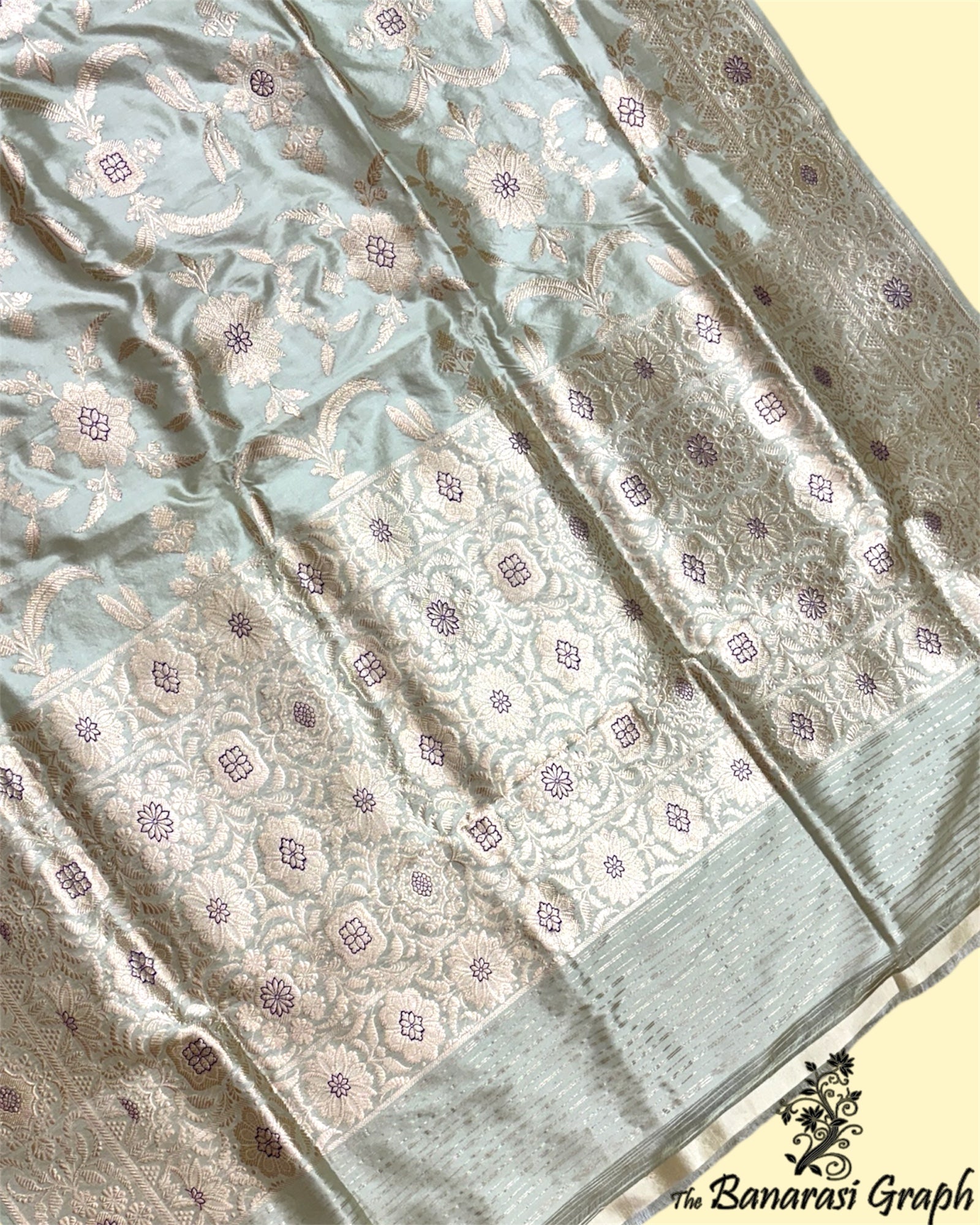 Pista Pure Katan Handloom - All Over Jaal Work Kadhua Motifs with Meenakari Banarasi Saree