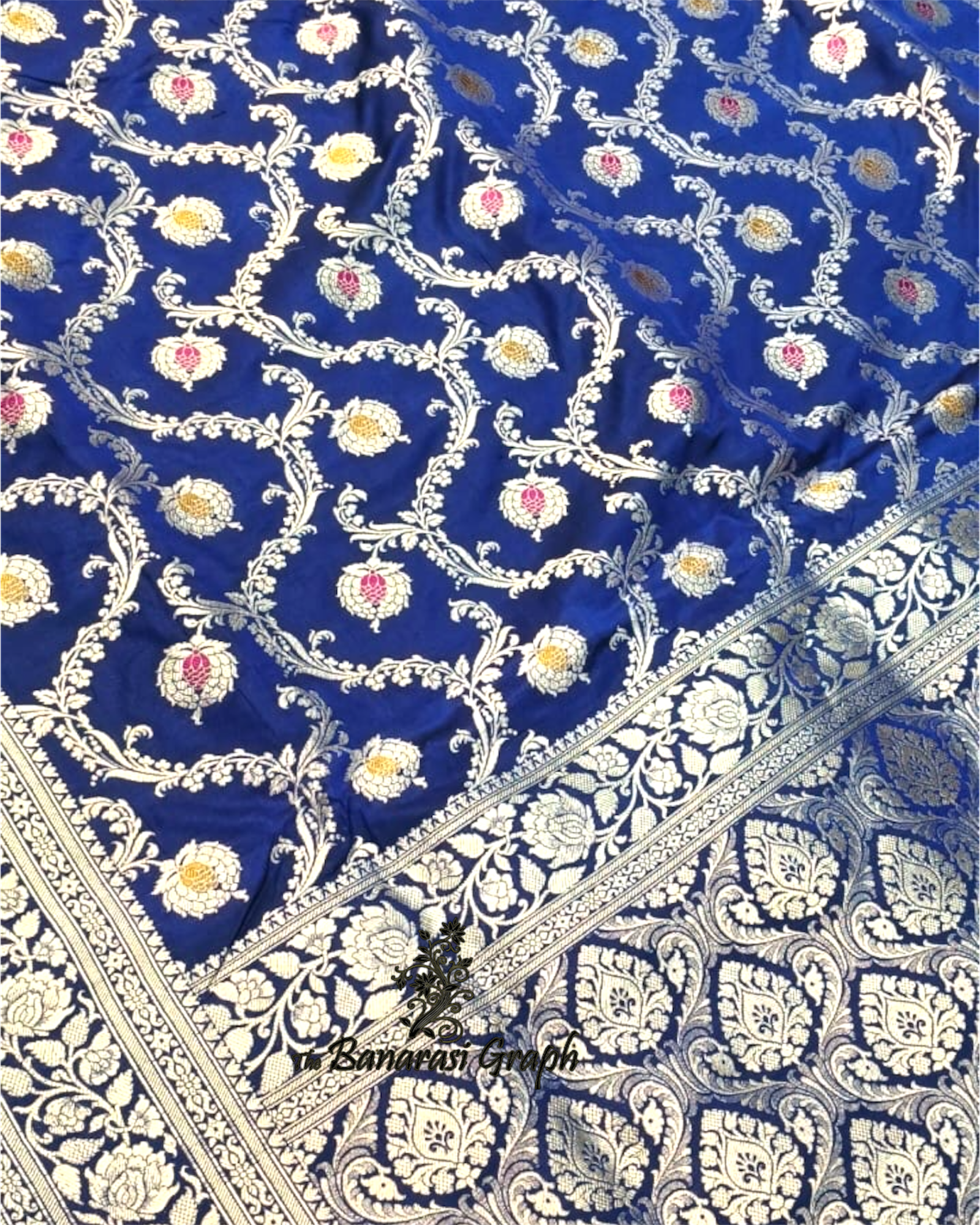 Royal Blue Pure Katan Handloom Silk - All Over Jaal Work with Meenakari Banarasi Saree