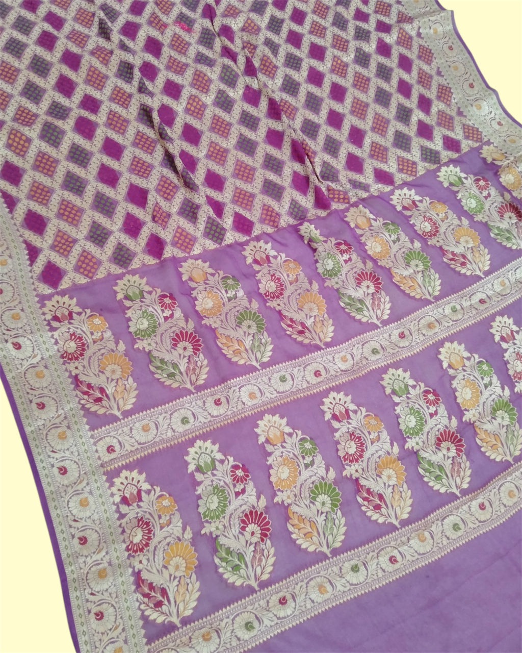 Purple Khaddi Chiffon - Water Zari Multi Bhandej Pure Banarasi Saree
