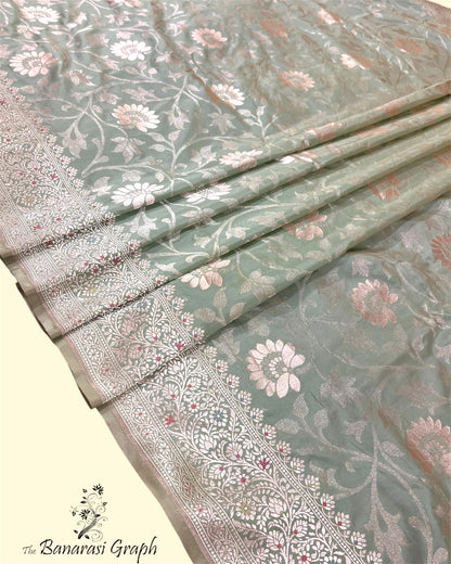 Pista Pure Katan Handloom Silk - All Over Jaal Work With Meenakari Banarasi Saree