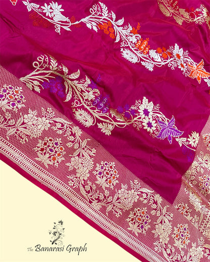 Hot Pink Pure Katan Handloom Silk - Kadhua Motifs Sona Rupa With Meenakari Banarasi Saree