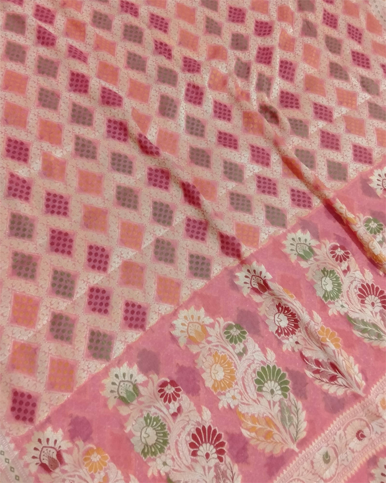 Peach Pure Khaddi Chiffon - Water Zari Multi Bhandej Pure Banarasi Saree