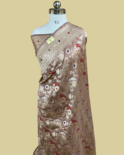 Brown Pure Katan Handloom Silk - All Over Jaal Work With Tilfi Meenakari Banarasi Saree