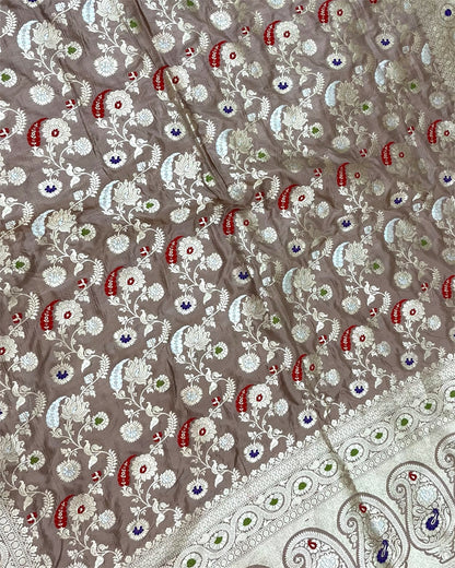 Brown Pure Katan Handloom Silk - All Over Jaal Work With Tilfi Meenakari Banarasi Saree