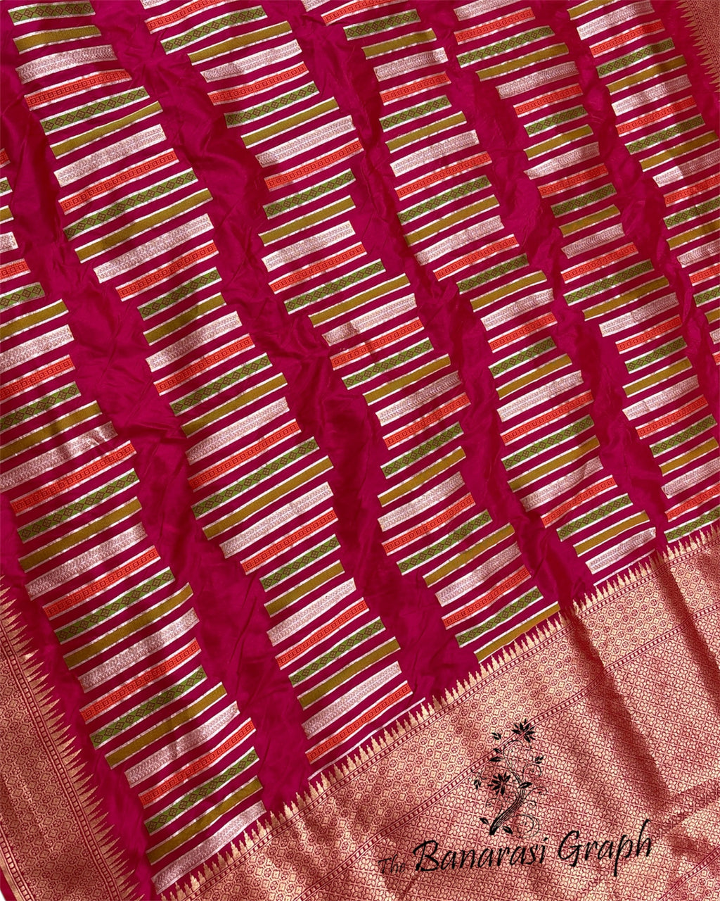 Hot Pink Pure Katan Handloom Silk - Strip Meenakari Banarasi Saree