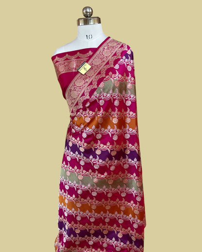 Rangkat Pure Katan Handloom Kadhua Silk - All Over Multi Colour With Sona Rupa Strip Jaal ranghat Banarasi Saree