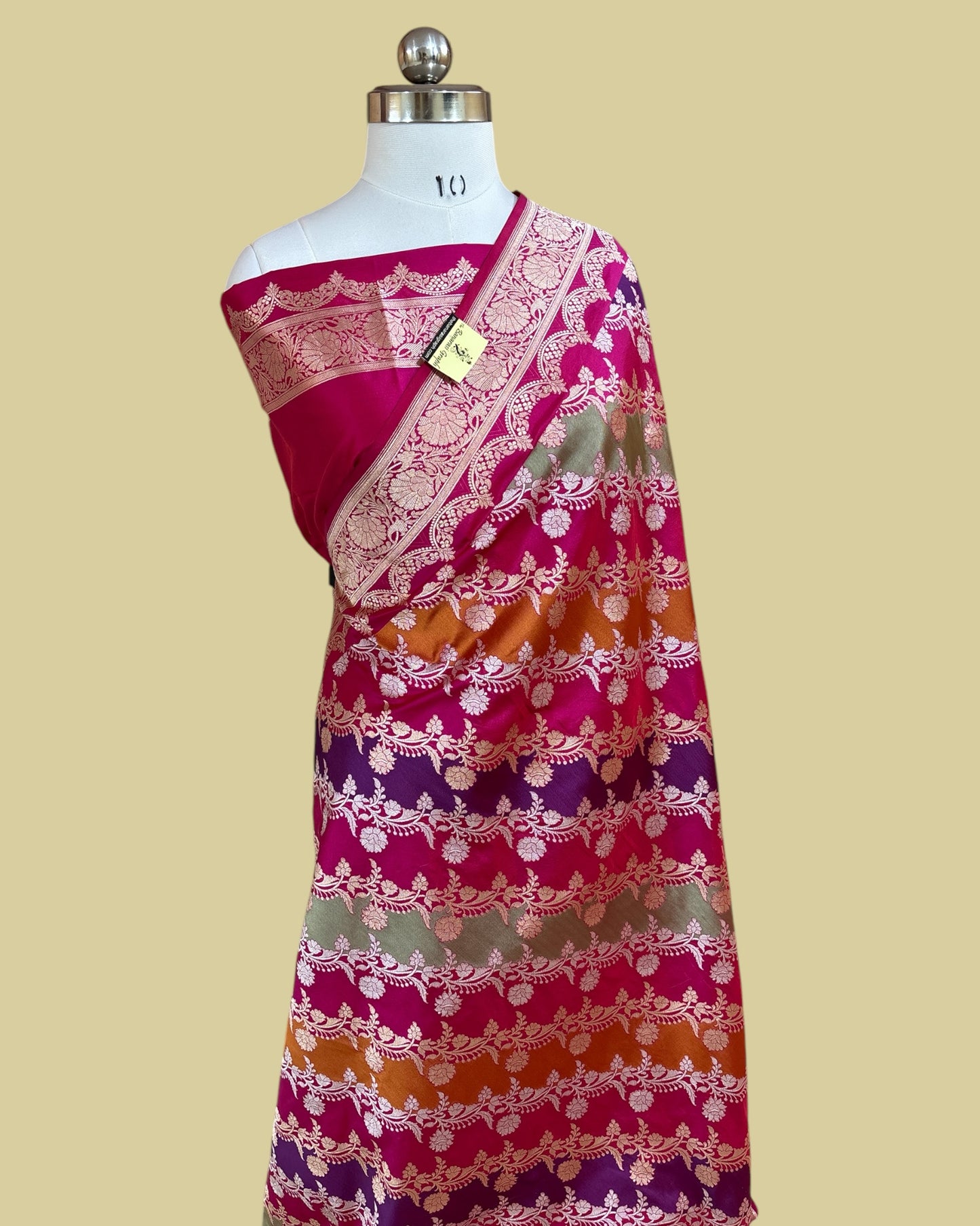 Rangkat Pure Katan Handloom Kadhua Silk - All Over Multi Colour With Sona Rupa Strip Jaal ranghat Banarasi Saree