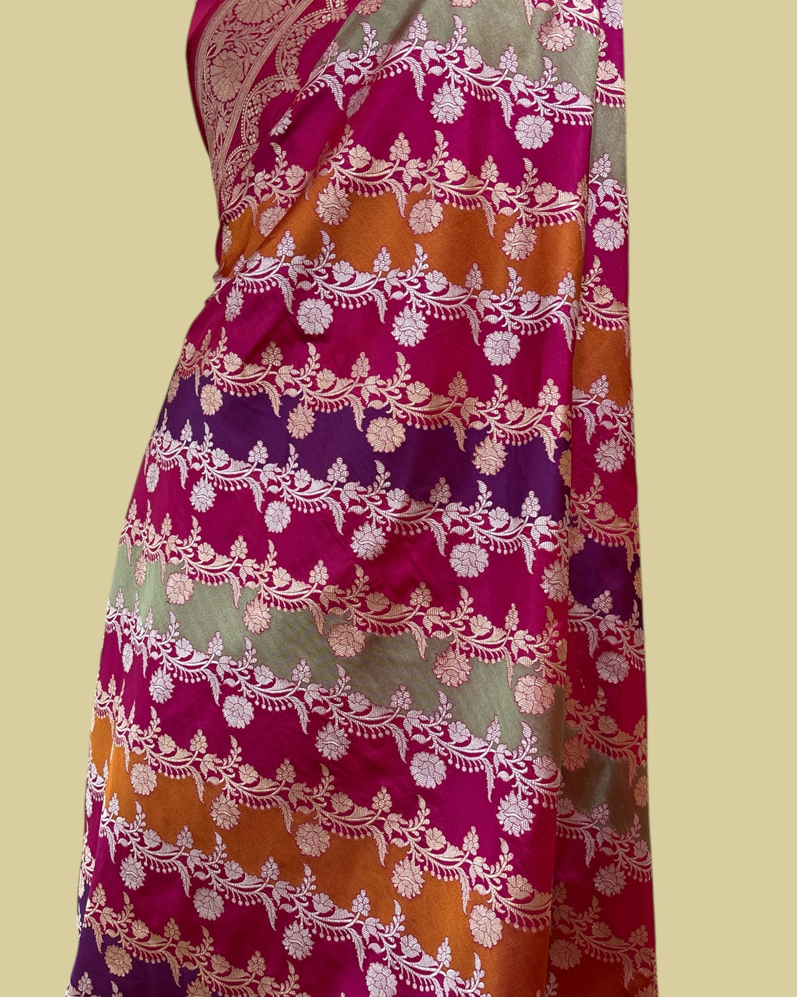 Rangkat Pure Katan Handloom Silk - All Over Multi Colour With Sona Rupa Strip Jaal Work Banarasi Saree