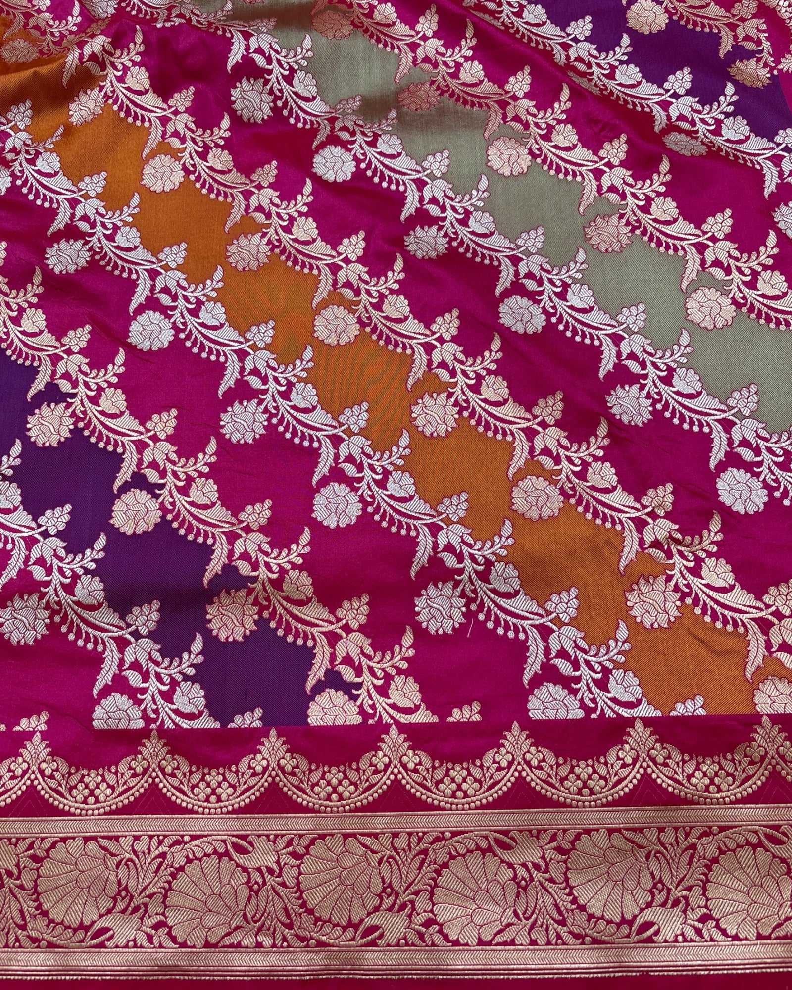 Rangkat Pure Katan Handloom Silk - All Over Multi Colour With Sona Rupa Strip Jaal Work Banarasi Saree