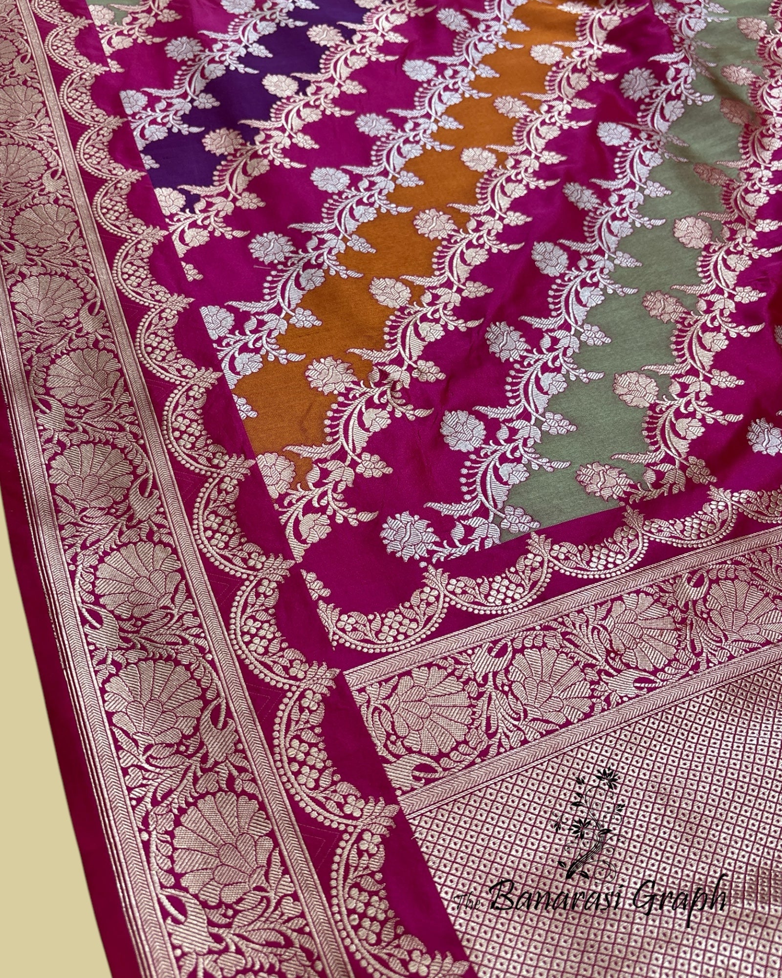 Rangkat Pure Katan Handloom Silk - All Over Multi Colour With Sona Rupa Strip Jaal Work Banarasi Saree