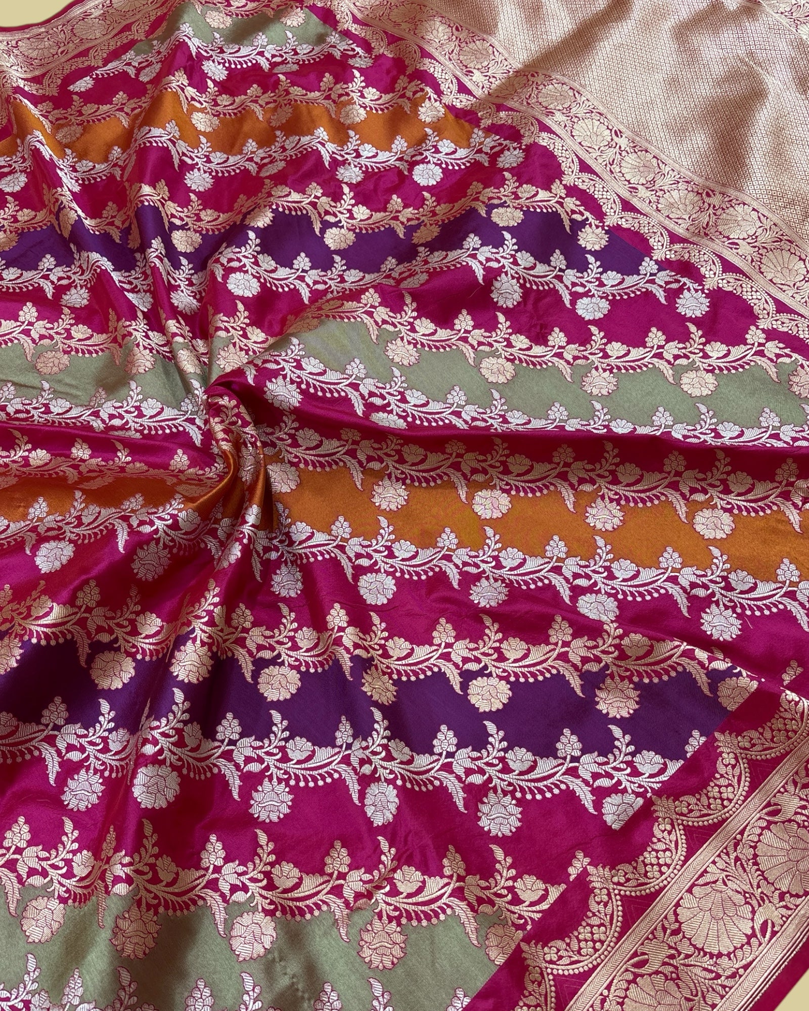 Rangkat Pure Katan Handloom Silk - All Over Multi Colour With Sona Rupa Strip Jaal Work Banarasi Saree