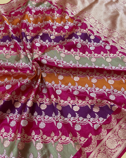 Rangkat Pure Katan Handloom Kadhua Silk - All Over Multi Colour With Sona Rupa Strip Jaal ranghat Banarasi Saree