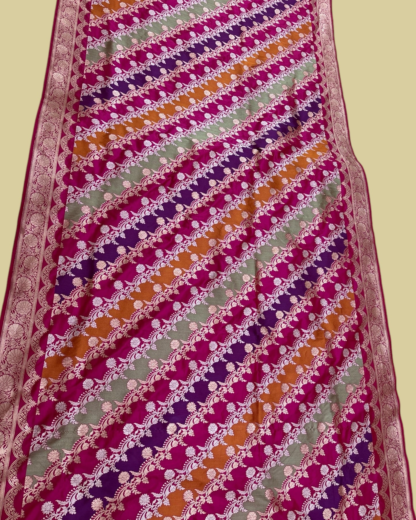 Rangkat Pure Katan Handloom Kadhua Silk - All Over Multi Colour With Sona Rupa Strip Jaal ranghat Banarasi Saree