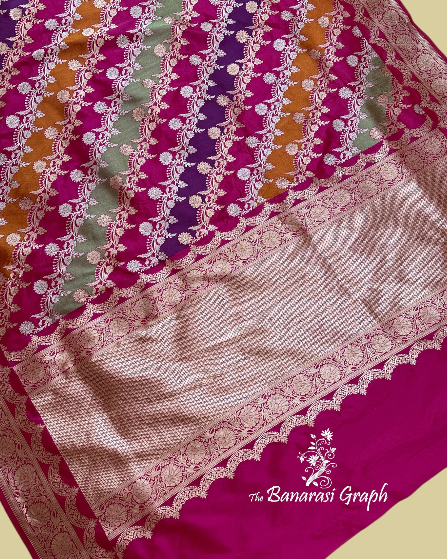 Rangkat Pure Katan Handloom Kadhua Silk - All Over Multi Colour With Sona Rupa Strip Jaal ranghat Banarasi Saree