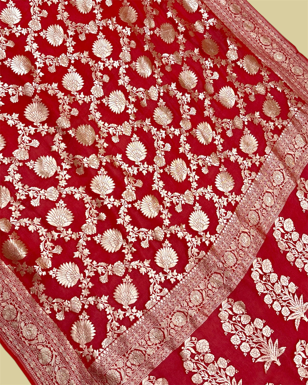 Orange Khaddi Georgette Water Zari - All Over Jaal Work Pure Banarasi Saree