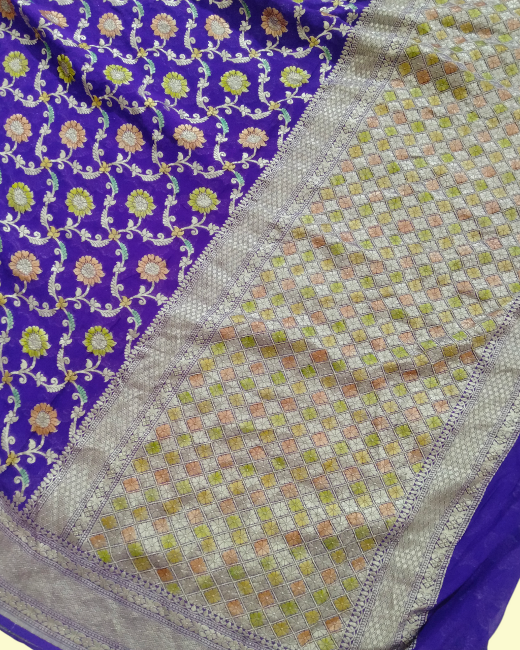 Khaddi Georgette Water Zari - All over Jaal Work with Handbrush Pure Banarasi Saree