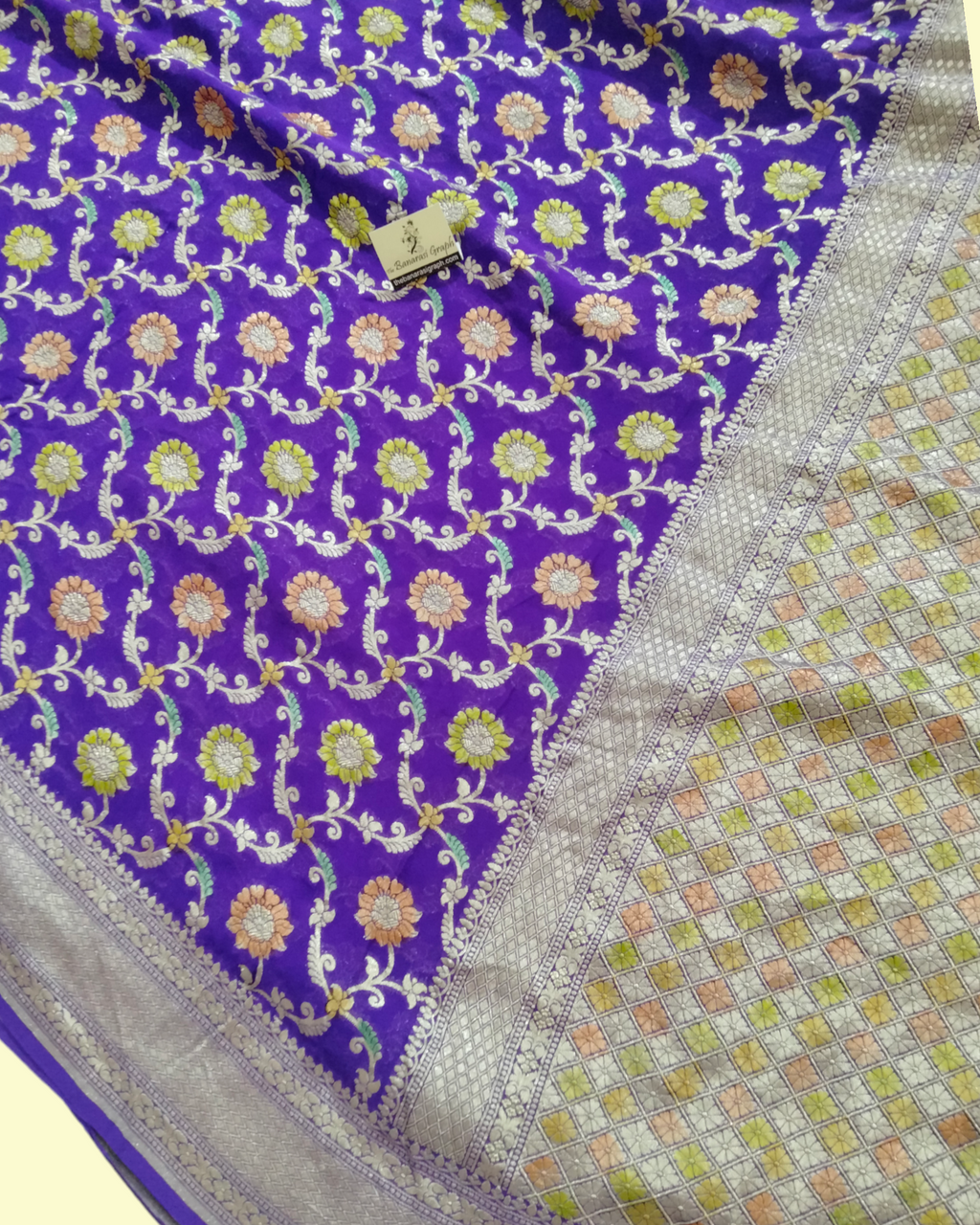 Khaddi Georgette Water Zari - All over Jaal Work with Handbrush Pure Banarasi Saree