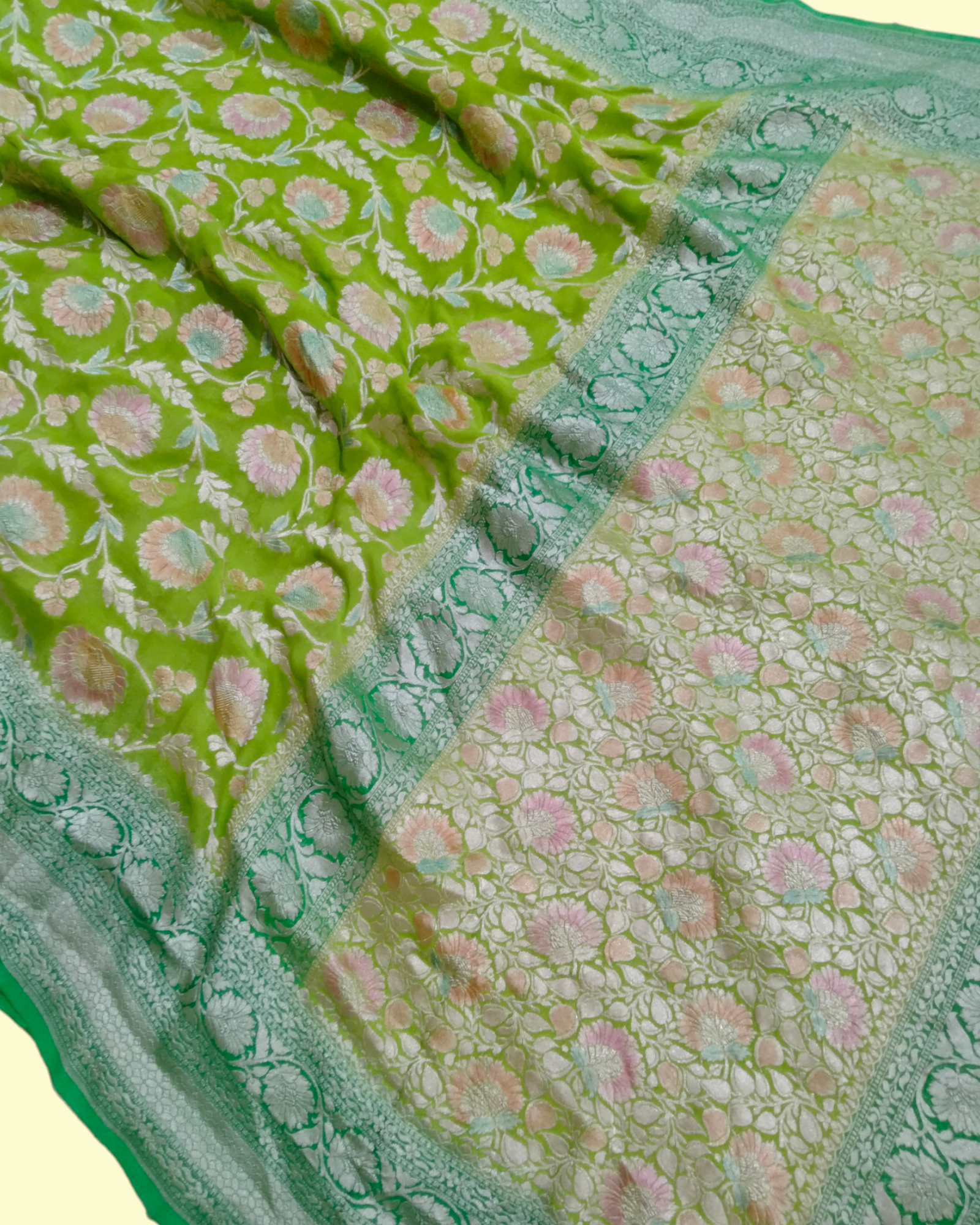 Khaddi Georgette Water Zari - All over Jaal Work With Handbrush Pure Banarasi Saree