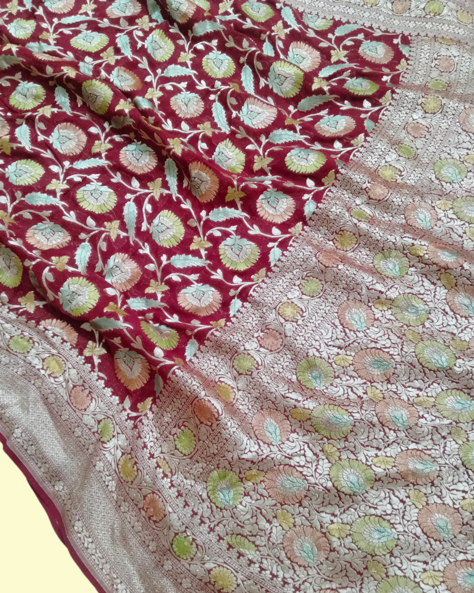 Khaddi Georgette Water Zari - All over Jaal Work with Handbrush Pure Banarasi Saree