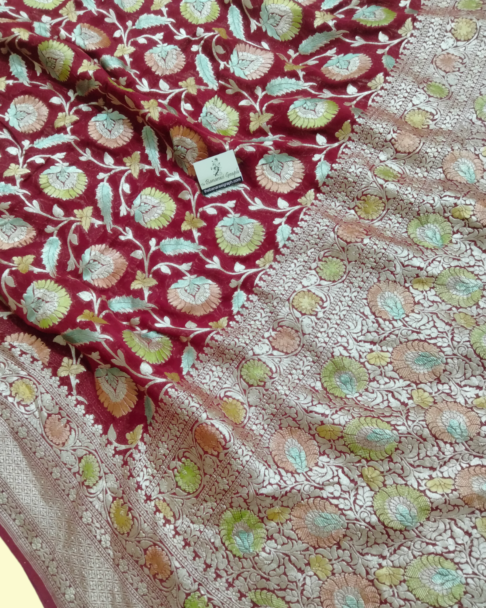 Khaddi Georgette Water Zari - All over Jaal Work with Handbrush Pure Banarasi Saree