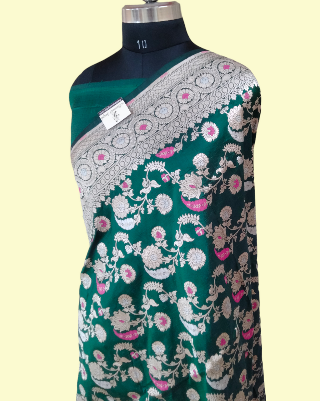 Dark Green Pure Katan Handloom Silk - All over Jaal Work with Meenakari Banarasi Saree