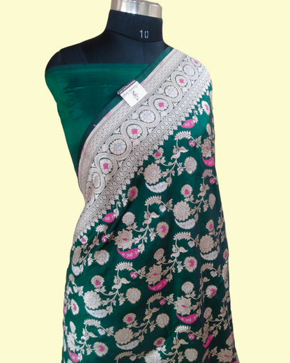 Dark Green Pure Katan Handloom Silk Uppada - All over Jaal Work With Meenakari Banarasi Saree