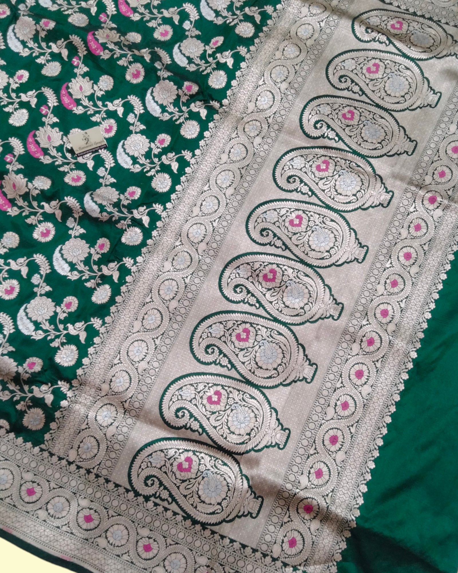 Dark Green Pure Katan Handloom Silk - All over Jaal Work with Meenakari Banarasi Saree