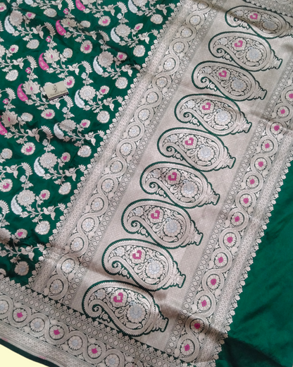 Dark Green Pure Katan Handloom Silk Uppada - All over Jaal Work With Meenakari Banarasi Saree