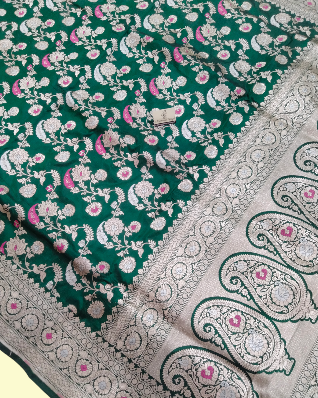 Dark Green Pure Katan Handloom Silk - All over Jaal Work with Meenakari Banarasi Saree