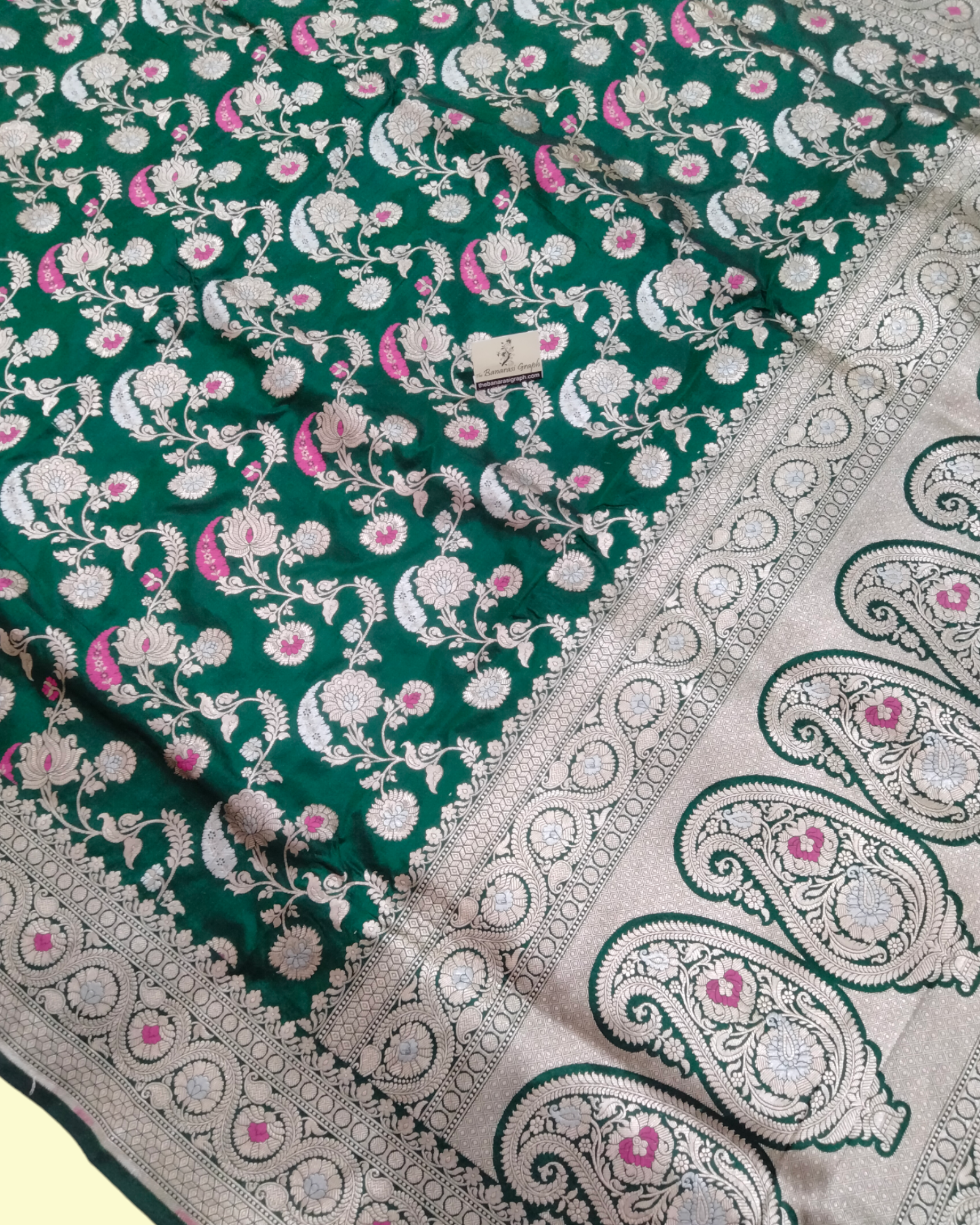 Dark Green Pure Katan Handloom Silk - All over Jaal Work with Meenakari Banarasi Saree
