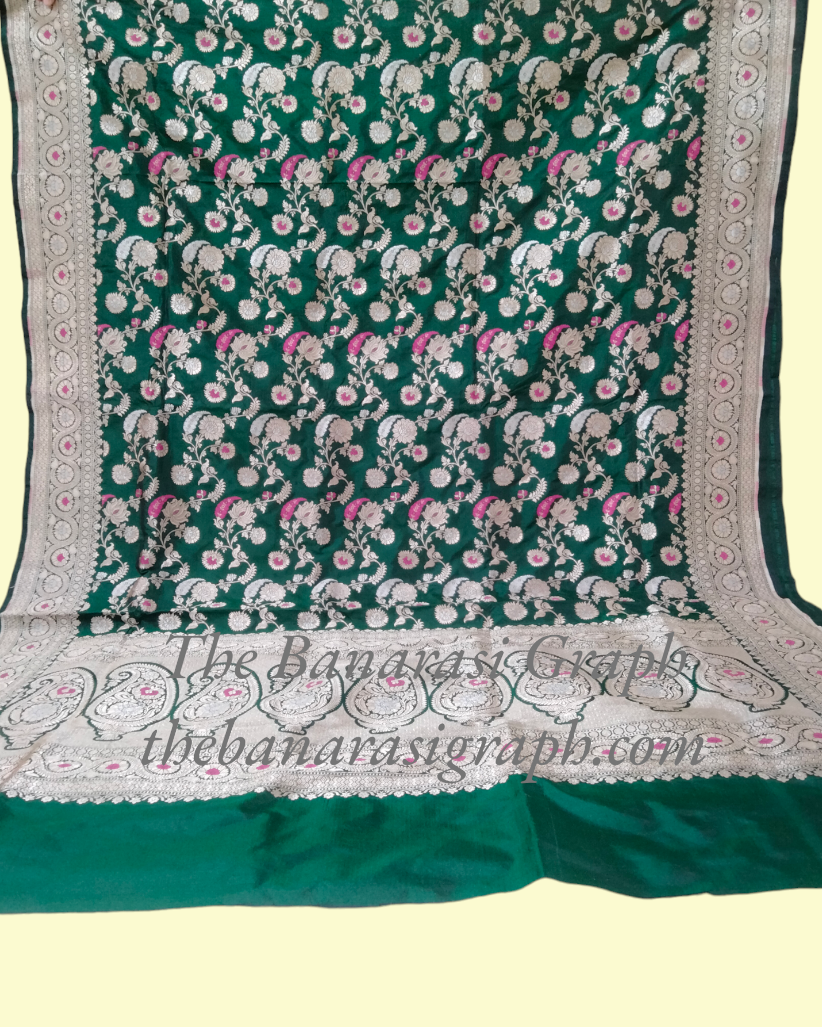 Dark Green Pure Katan Handloom Silk - All over Jaal Work with Meenakari Banarasi Saree