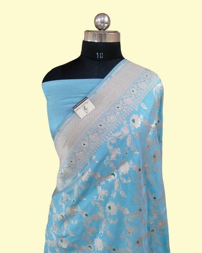 Sky Blue Pure Katan Handloom Silk Uppada - All over Jaal Work with Meenakari Banarasi saree