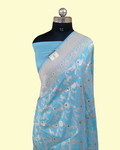 Sky Blue Pure Katan Handloom Silk Uppada - All over Jaal Work with Meenakari Banarasi saree