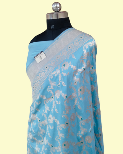 Sky Blue Pure Katan Handloom Silk Uppada - All over Jaal Work with Meenakari Banarasi saree