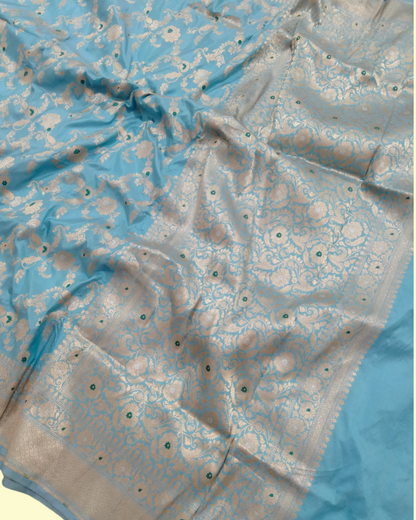 Sky Blue Pure Katan Handloom Silk Uppada - All over Jaal Work with Meenakari Banarasi saree