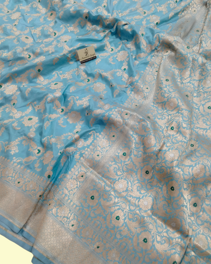 Sky Blue Pure Katan Handloom Silk Uppada - All over Jaal Work with Meenakari Banarasi saree