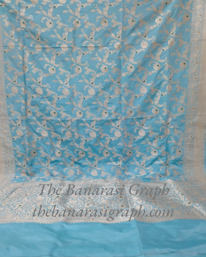 Sky Blue Pure Katan Handloom Silk Uppada - All over Jaal Work with Meenakari Banarasi saree