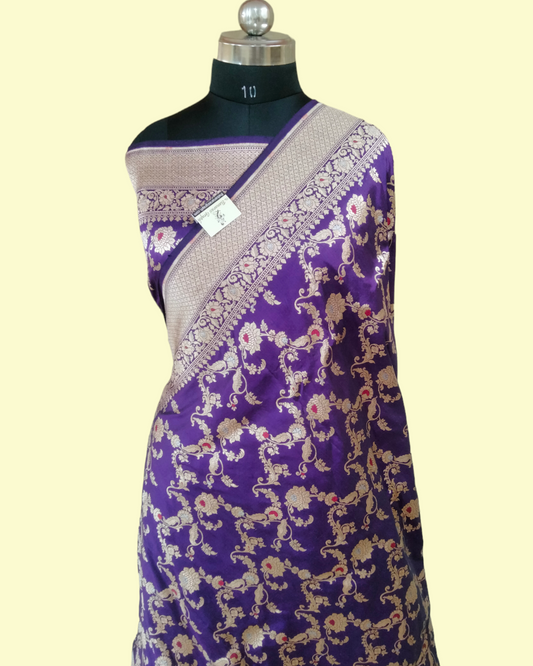 Dark Blue Pure Katan Handloom Silk Uppada - All over Jaal Work with Meenakari Banarasi Saree